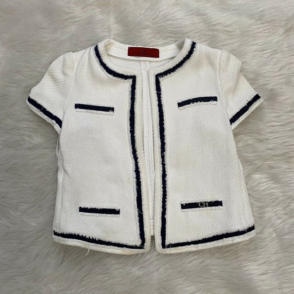 Carolina Herrera Jackets & Blazers - Carolina Herrera Crop Jacket Bolero Herringbone Short Size 10 White Blue